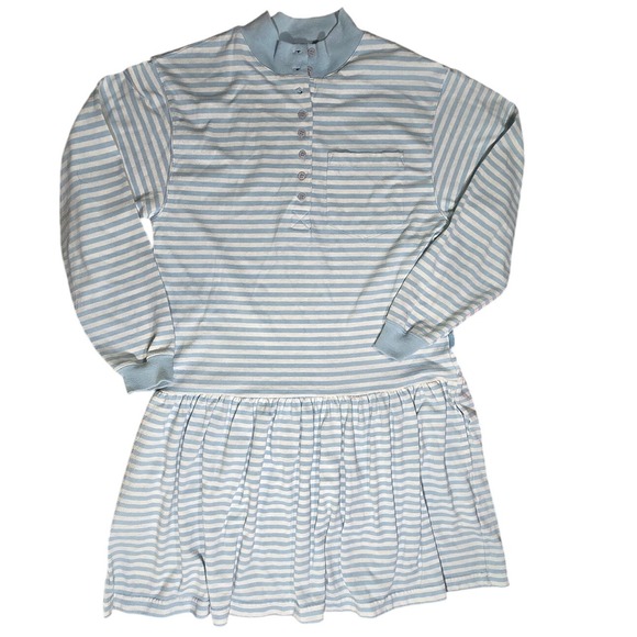 VINTAGE ESPRIT TEENS long sleeve fit flare blue white striped polo dress